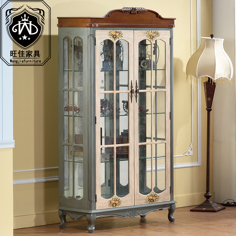 American double door wine cabinet colourful painted decorative cabinet tea water cabinet storage dining cabinet European-style solid wood display cabinet glass cabinet