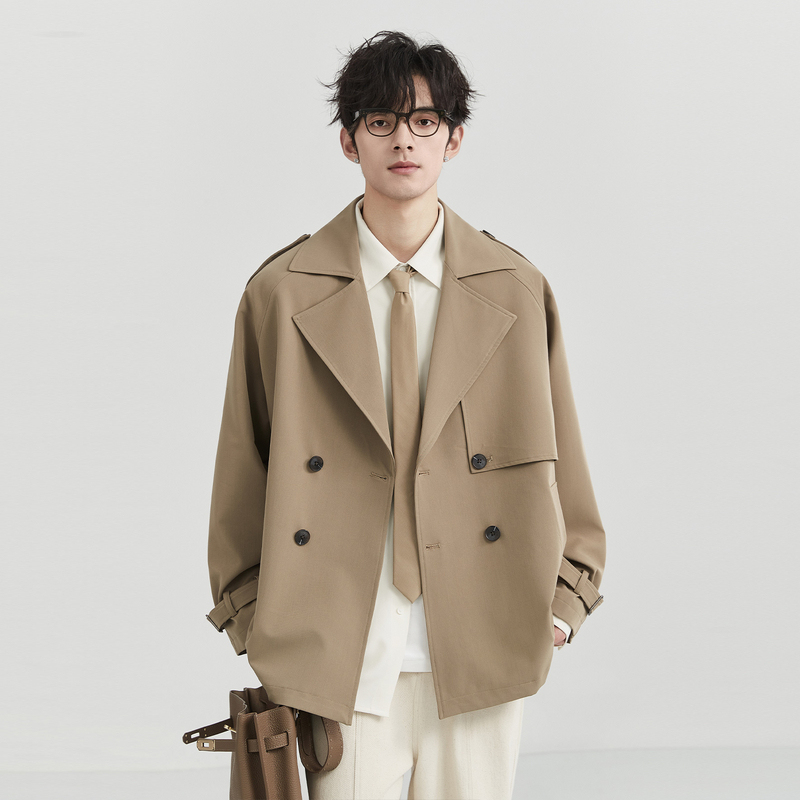 Spring and Autumn High-End Short Double-Breasted Trench Coat for Men, Korean Style Casual Mid-Length Khaki Lapel Jacket Top