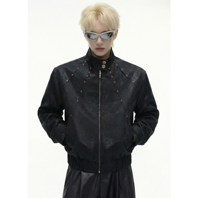 American High Street Style, Cool and Unique Snakeskin Texture Leather Jacket for Men and Women, Short Stand-Up Collar Jacket with Gem Embellishments