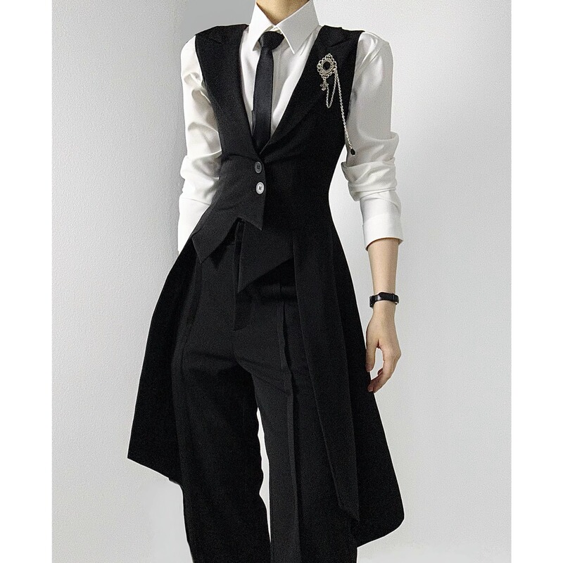 Spring and Autumn New Style Black Suit with Extended Vest for Men, Slim Fit, Waist-Cinching, Peaked Lapel, Swallowtail Tailcoat Suit Vest Uniform