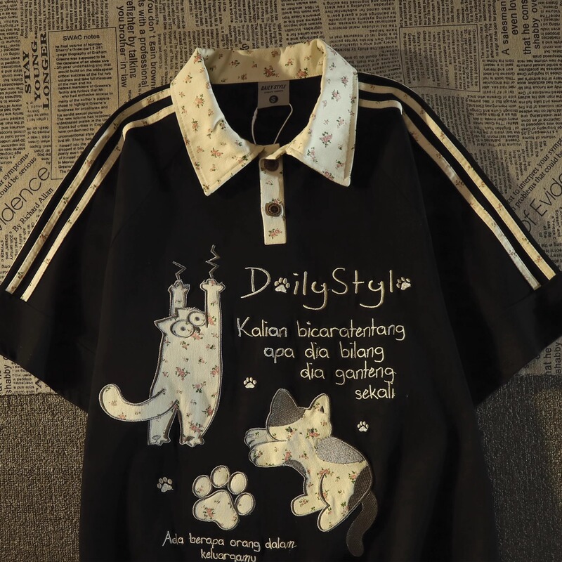 Small Floral Embroidered Cat Polo Collar Pure Cotton Short-Sleeved T-Shirt for Women, New Summer Style, Loose Design, Niche Top