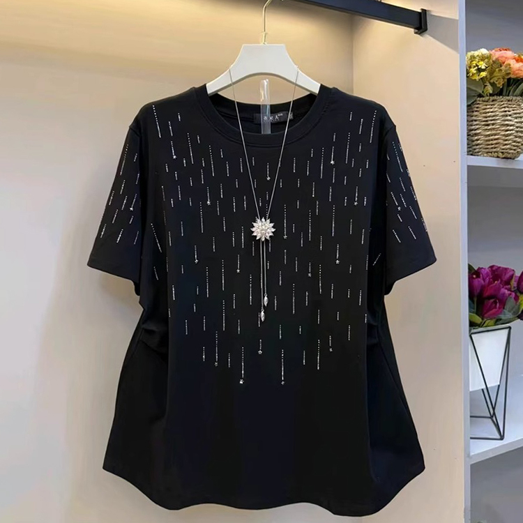 European Style Plus Size Meteor Rhinestone Pure Cotton Short-Sleeve T-Shirt for Women, New Summer Loose Fit Slimming Design with Shiny Rhinestone Top