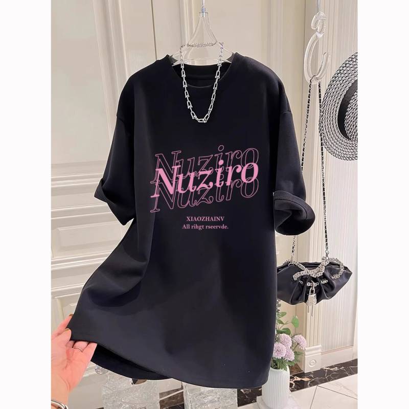 European Style Plus Size Letter Print Pure Cotton Short-Sleeve T-Shirt for Women, New Summer Loose Fit for Chubby Girls, Mid-Length Top for Women