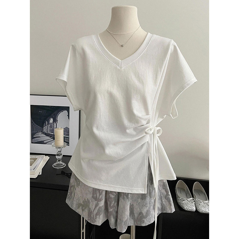 Fat Sister 150kg Plus Size V Neck Waist Slimming Right-Shoulder Short-Sleeved T-Shirt Women's Summer New Bat-Sleeve Drawstring Top