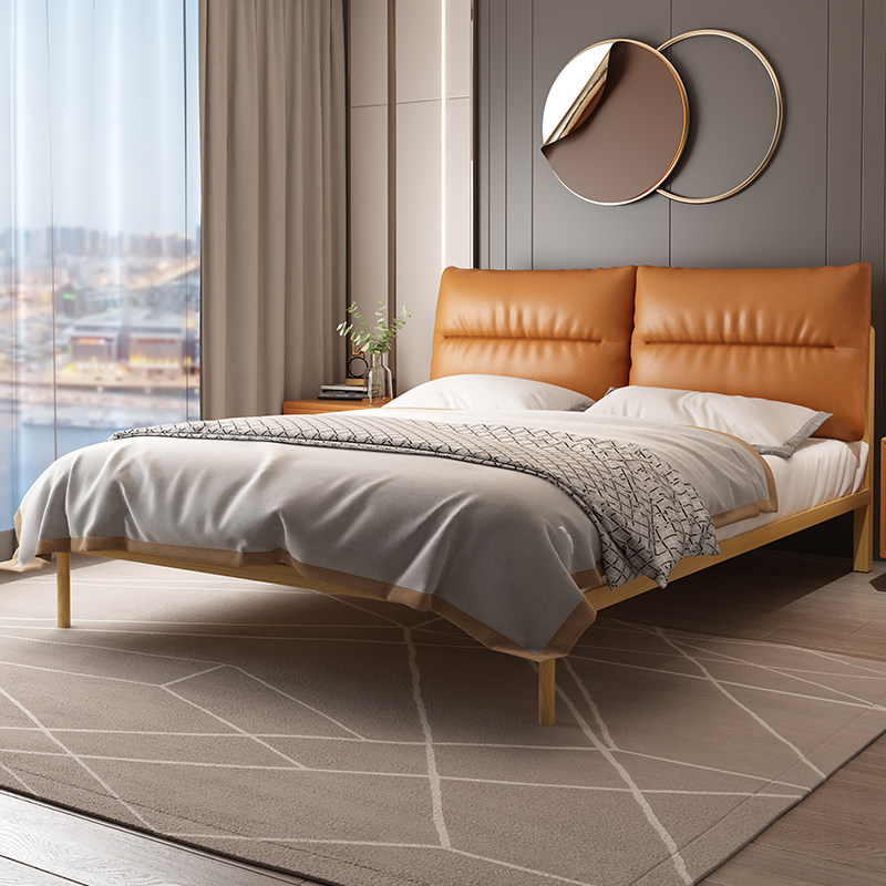 Leather bed minimalist design double bed net red bed modern minimalist economy master bedroom tatami European soft bed - Taobao