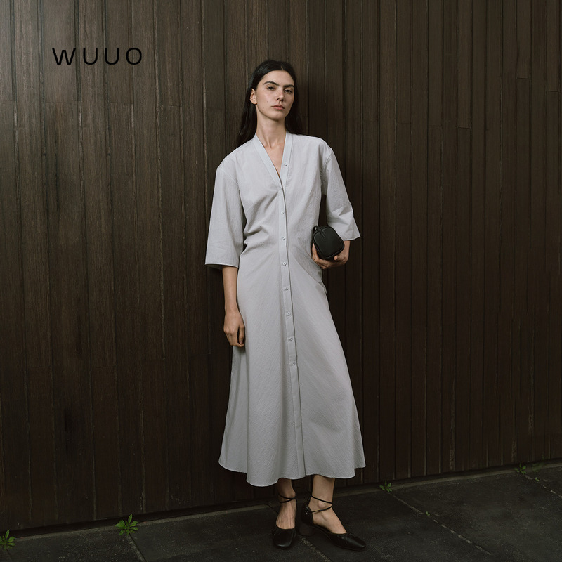 Wuuo|Slow Journey·Green Collar V-Neck Waist-Cinching Design Lyocell 5-Sleeve Long Dress for Summer Wuuo|Slow Journey·Green Collar V-Neck Waist-Cinching Design Lyocell 5-Sleeve Long Dress for Summer