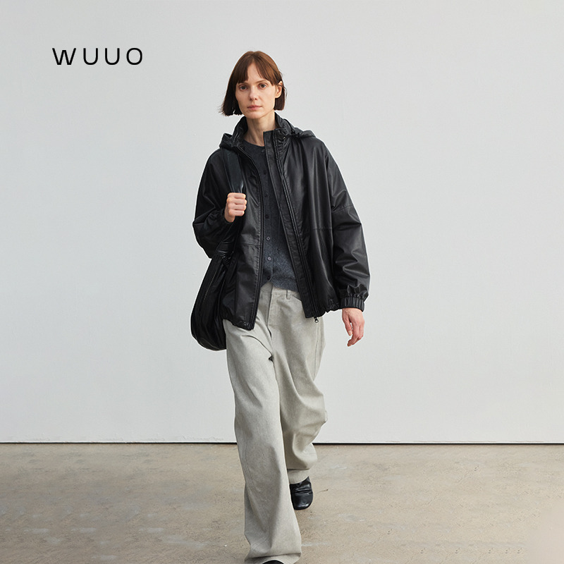 Wuuo 100% Spanish Nappa Leather Black Genuine Leather Vegetable-Tanned Hooded Leather Jacket for Women High-End Leather Jacket Spring