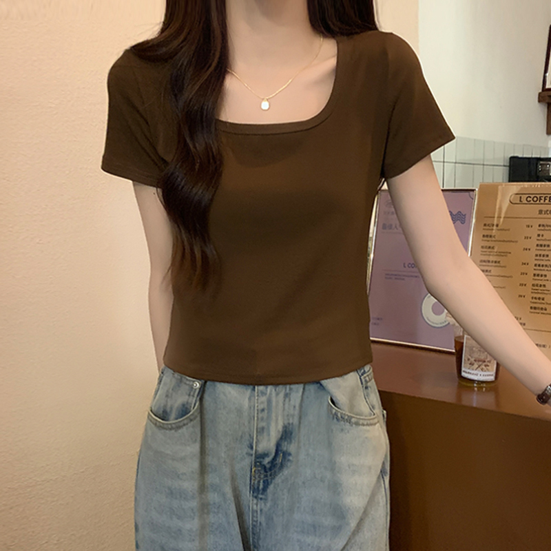 Basic Short-Sleeve T-Shirt for Women, Summer Korean Style, Stylish U-Neck, Short, Slim-Fit, Versatile Top, Solid Color, Regular Shoulder T-Shirt