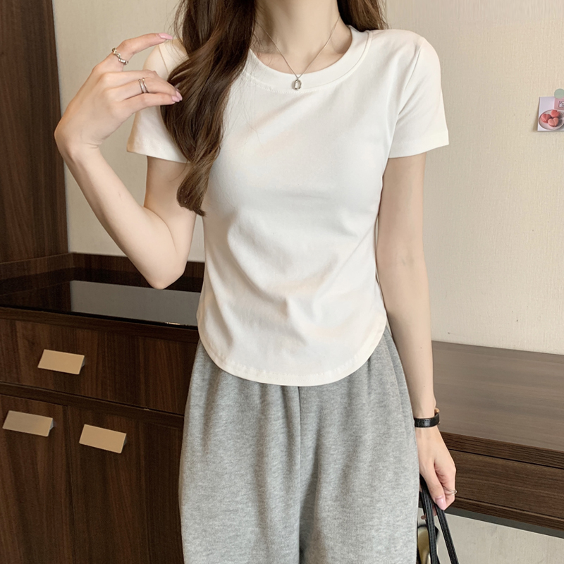 Pure Desire Irregular Hem Round Neck Short-Sleeved T-Shirt for Women, New Summer Style, Unique Waist-Cinching Top, Base Layer Shirt