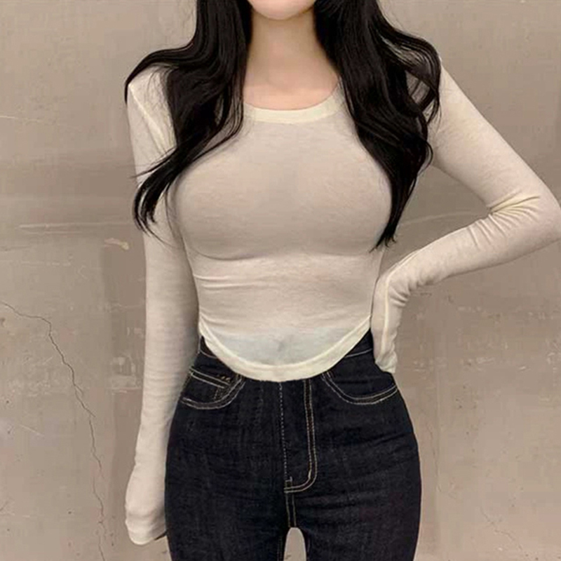 Korean Style ins Pure and Sexy, Shows Off the Bust, Large Curved Hem, Short Long-Sleeved Bottoming Shirt for Women, Hot Girl Slim Fit White T-Shirt