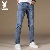 Playboy casual jeans mens light blue tide brand mens pants Slim-fit small feet summer thin trousers men