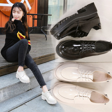 2018春季新款英伦粗跟单鞋女高跟光面小皮鞋