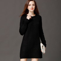 Pure cashmere sweater women long round neck pullover autumn and winter New sweater women solid color base twist A- line dress E235