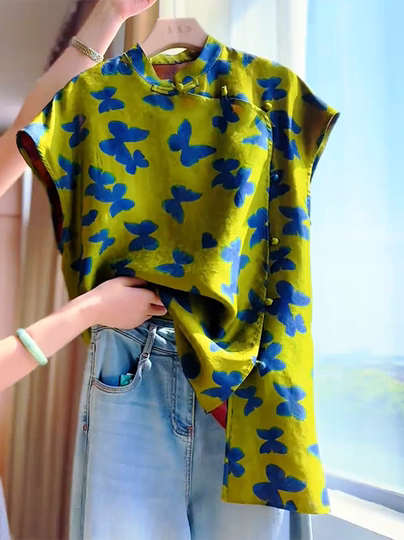 新中式国风蝴蝶印花短袖衬衫2025年夏季轻奢高级感大码女装上衣潮