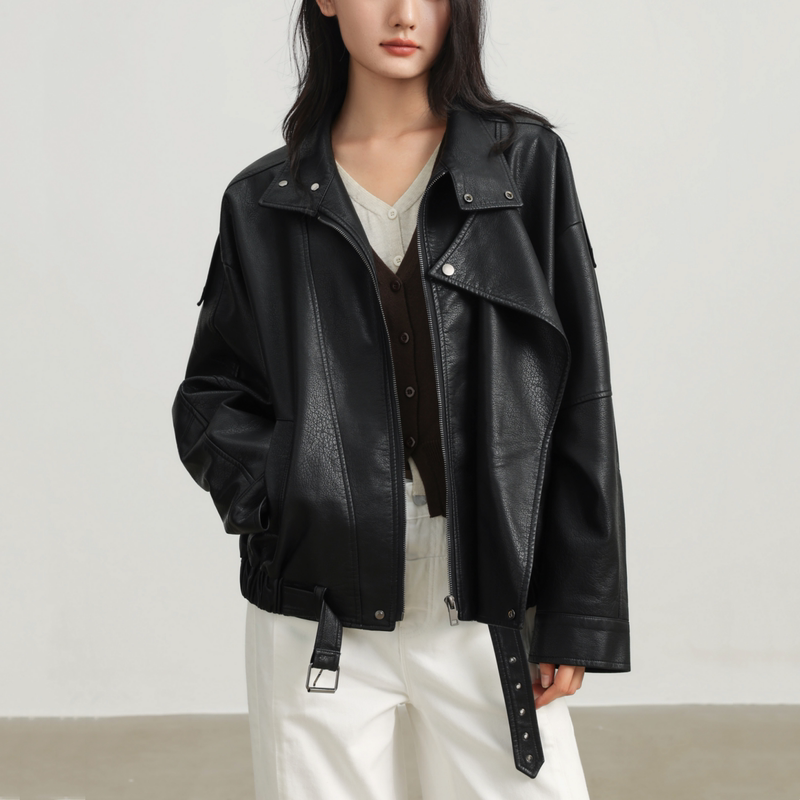 [Bearded and Big-Faced Family] Autumn and Winter Versatile Retro Hong Kong Style Leather Jacket Motorcycle Pu Leather Jacket Loose Coat for Women
