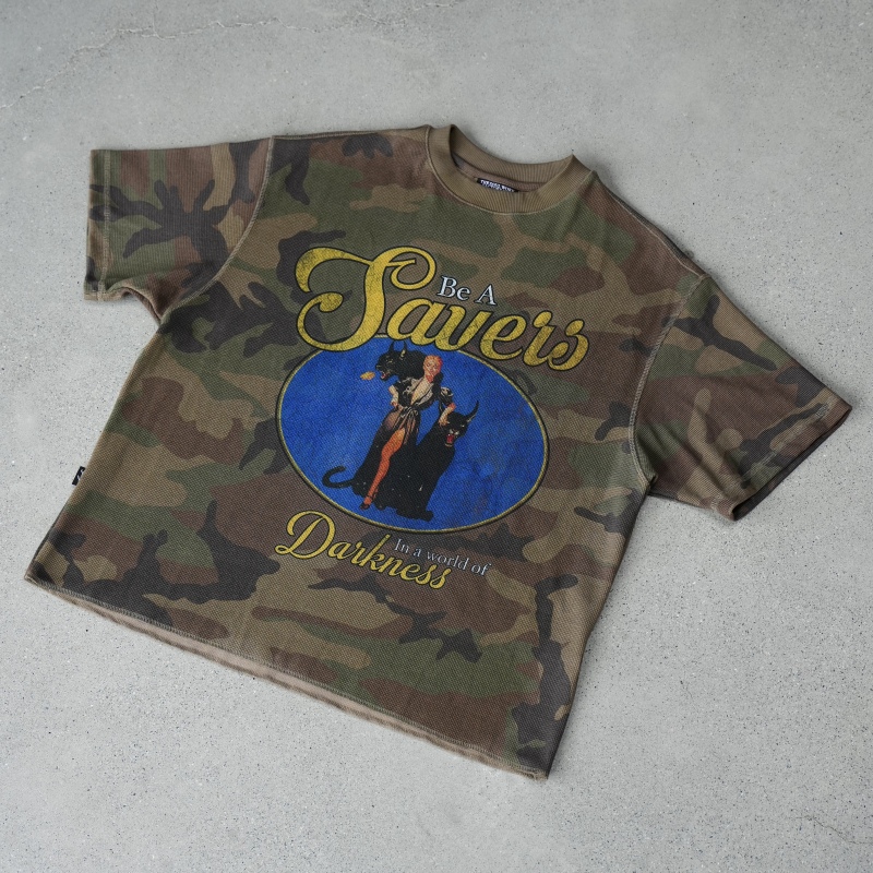 Swfi Far East 26S/S Camouflage Hunting Dog Print Distressed Small Neckline Boxy Short Waffle Knit American-Style Short-Sleeve T-Shirt Swfi Far East 26S/S Camouflage Hunting Dog Print Distressed Small Neckline Boxy Short Waffle Knit American-Style Short-Sleeve T-Shirt