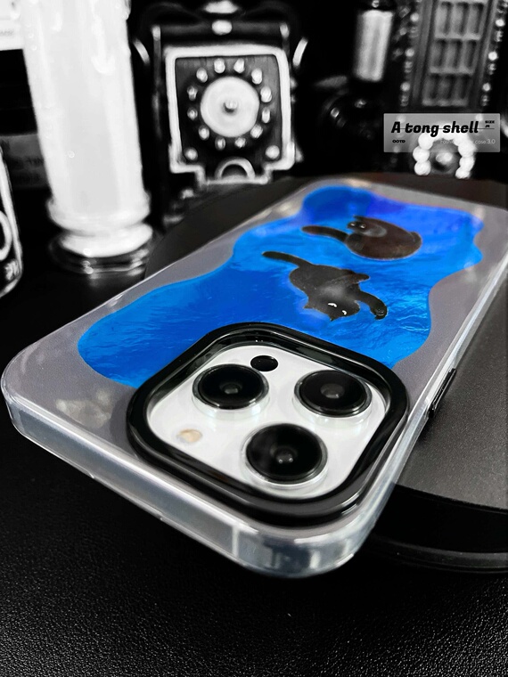 Black Cats Swimming Blue Water MagSafe Illustration iPhone Case