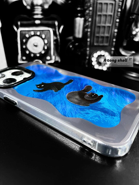 Black Cats Swimming Blue Water MagSafe Illustration iPhone Case
