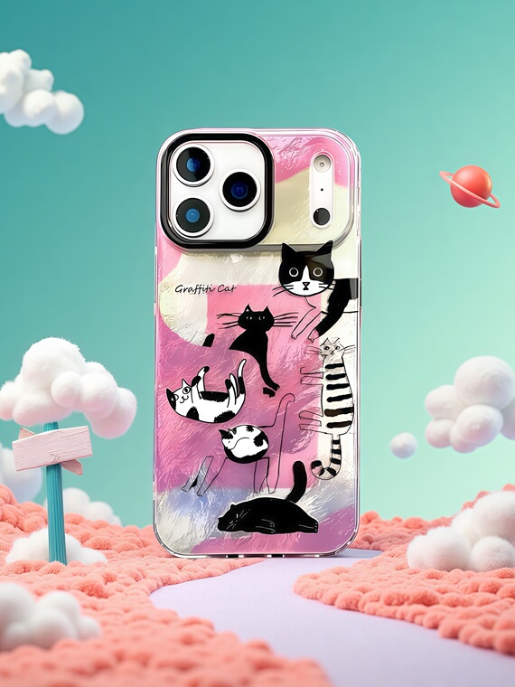 Iridescent Pink Textured Shimmering Graffiti Cat iPhone Case