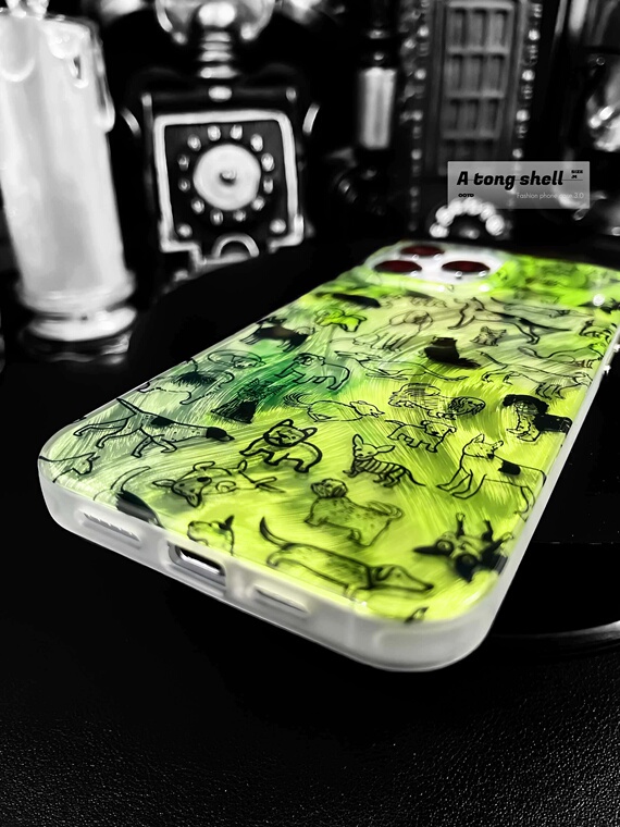 Lime Green Gradient Black Line Art Dog Pattern iPhone Case