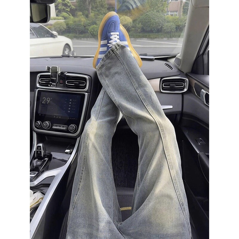 American Retro Slanted Cut Denim Jeans for Men, Autumn Slim Fit, Slightly Flared Pants, High Street Vibe Straight-Leg Pants