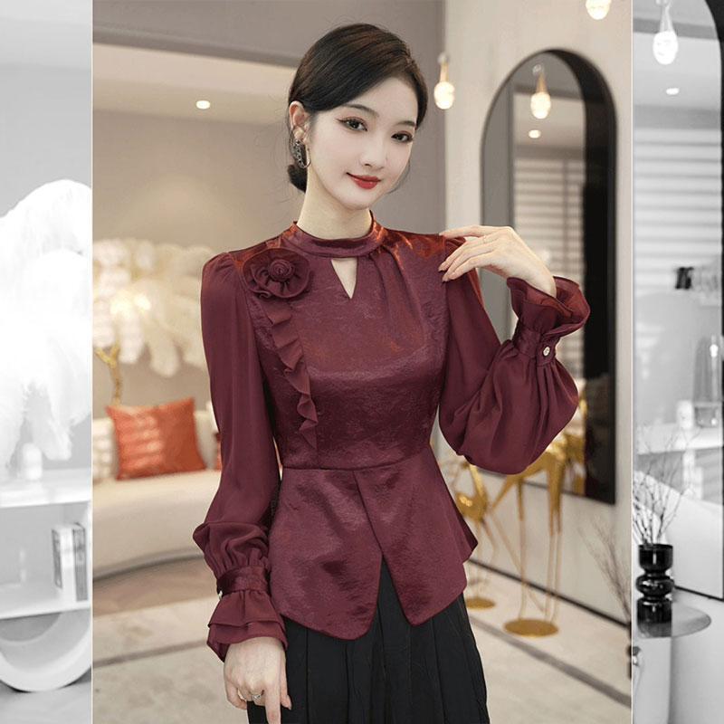 High-End Early Autumn Light Luxury Shirt for Women, Autumn Clothing 2026 New Model, Zodiac Year Spring and Autumn Burgundy Long-Sleeved Top