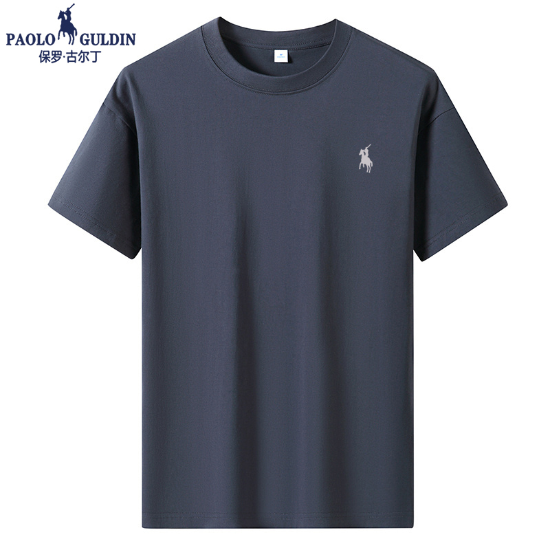 Polo Pure Cotton Short-Sleeved T-Shirt for Men, Loose-Fitting Summer Combed Cotton Half-Sleeved Stereo Printed Round Neck White T-Shirt