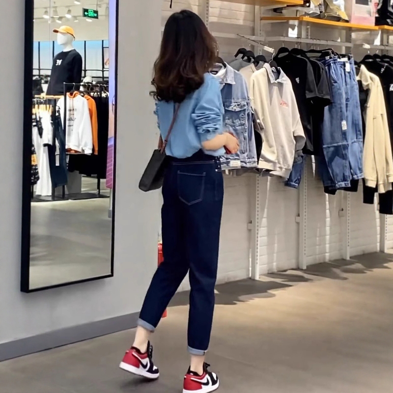 Denim Blue Harem Jeans for Women, New Spring and Autumn 2026 Summer Style, Petite Slimming Cropped Carrot Dad Pants