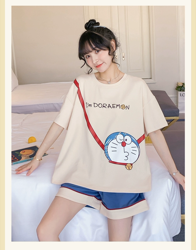 Bộ đồ ngủ Doraemon mới dành cho nữ mùa hè cotton ngắn tay phù hợp với cô gái hoạt hình mèo Doraemon Nhật Bản dịch vụ mặc nhà mỏng - Cha mẹ và con