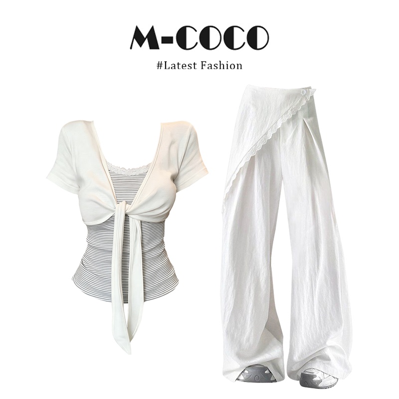Parkyeon Summer Outfit Set with Tie-Up Faux Two-Piece V-Neck Short-Sleeve T-Shirt Top and High-Waisted Casual Wide-Leg Pants
