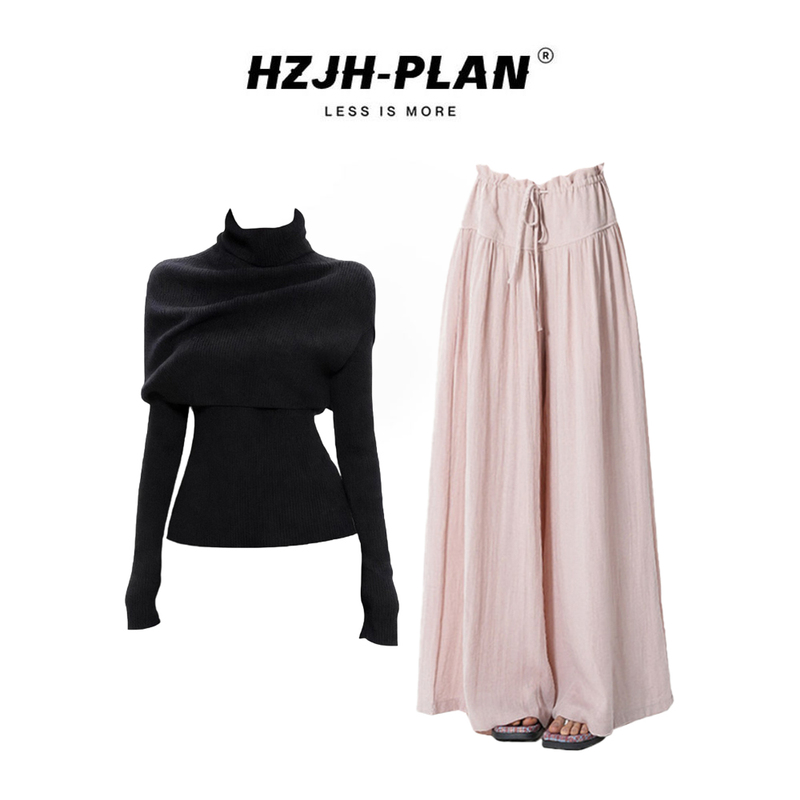 Parkyeon Two-Piece High-Neck Shawl Knit Sweater Set with Black Sweater for Women, Slimming Loose Casual Pants Set Parkyeon Two-Piece High-Neck Shawl Knit Sweater Set with Black Sweater for Women, Slimming Loose Casual Pants Set