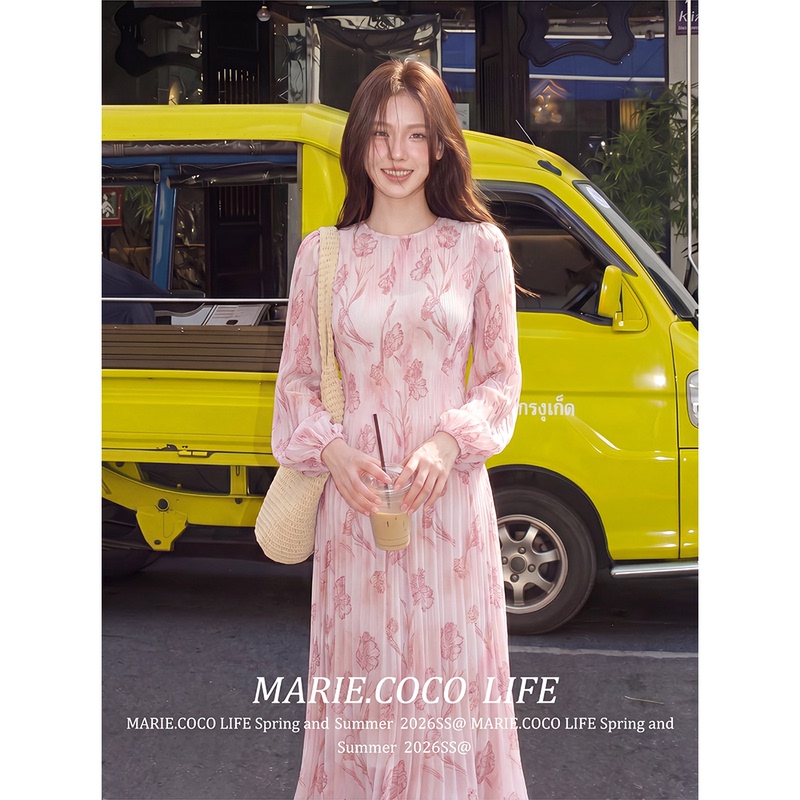 Parkyeon French Fashion Palace-Style Pleated Printed Long-Sleeved Dress for Women Summer Resort Style Light and Thin Long Dress