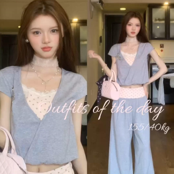 Parkyeon Korean Style Girly Star Print Camisole Flutter Sleeve Top 2026 Summer Fake Two-Piece Casual Pants Set