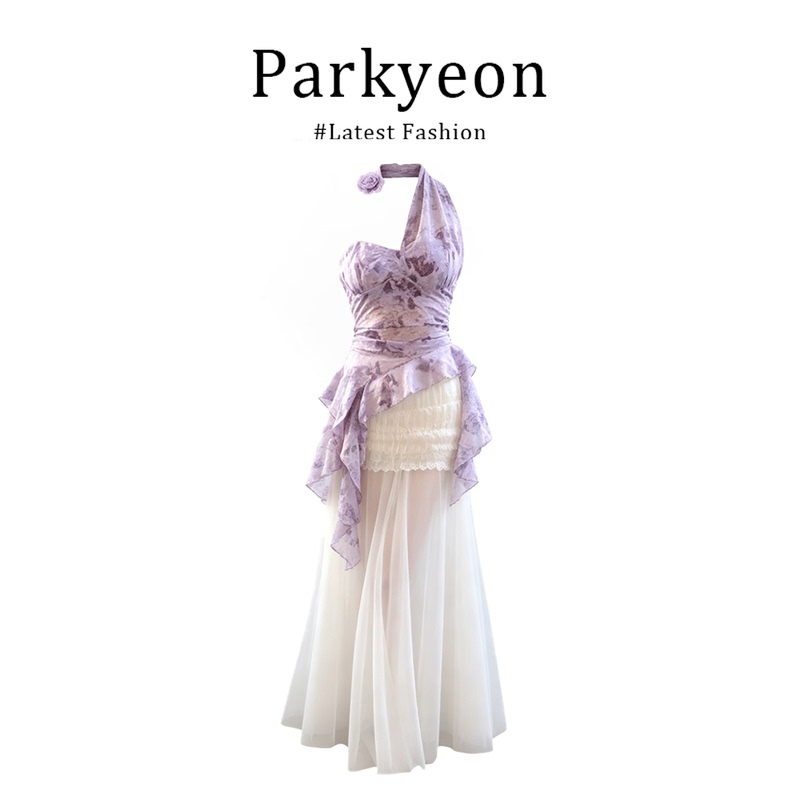 Parkyeon French Style Halterneck Floral Top for Women with Color-Blocking, Asymmetrical Ruffles, Mesh Skirt, Fairy Skirt Set