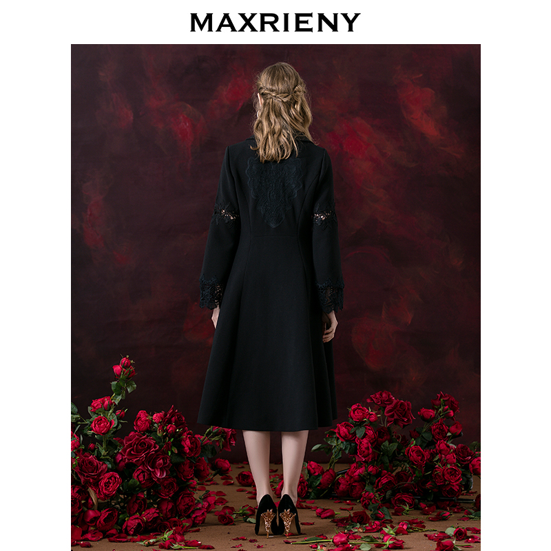 MAXRIENY Winter mới Đen Vintage ren khâu Horn Sleeve Coat Mid-Chiều dài Coat Tide