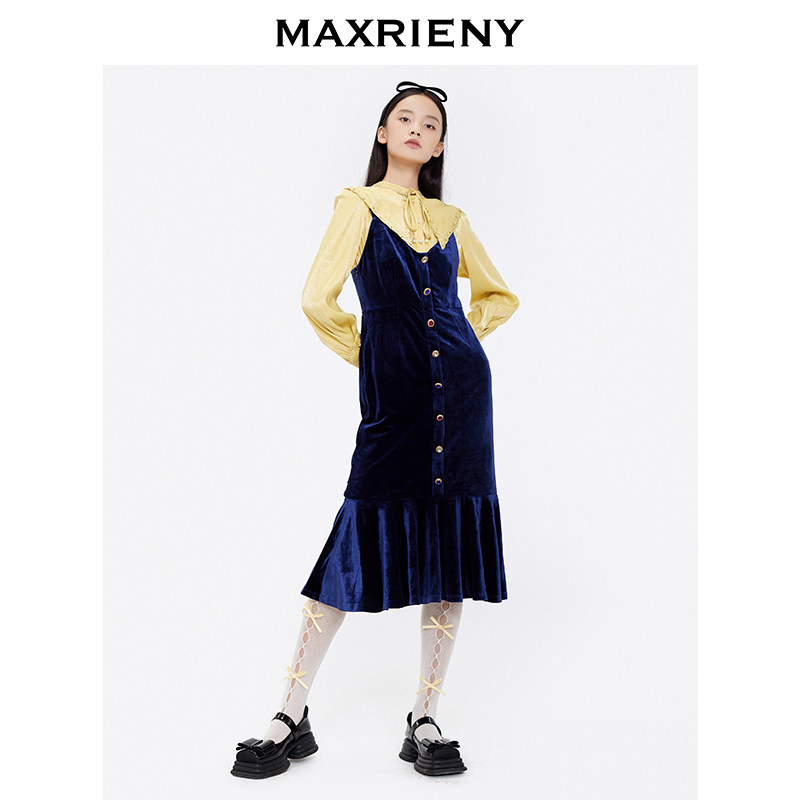 MAXRIENY new Temperament Velvet Harness Pendant With Skirt Woman Retro Fish Tail Long Skirt External dress