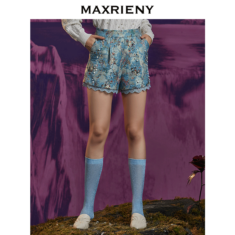 MAXRIENY winter new retro printing beaded lace shorts casual straight pants thin women