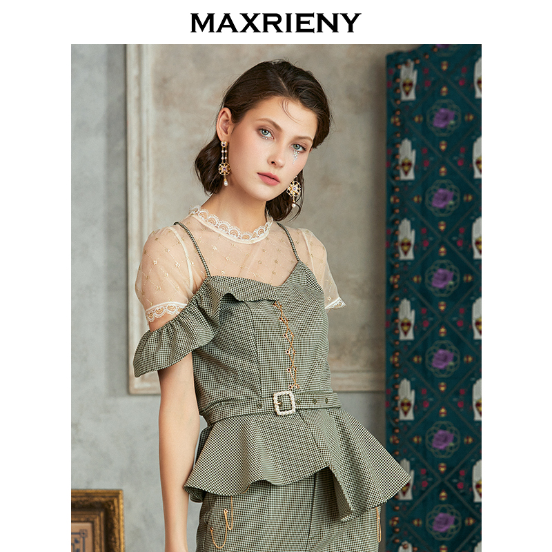 MAXRIENY2020 summer new retro gagger lace blouse women's style fake two vest harness skirt hem