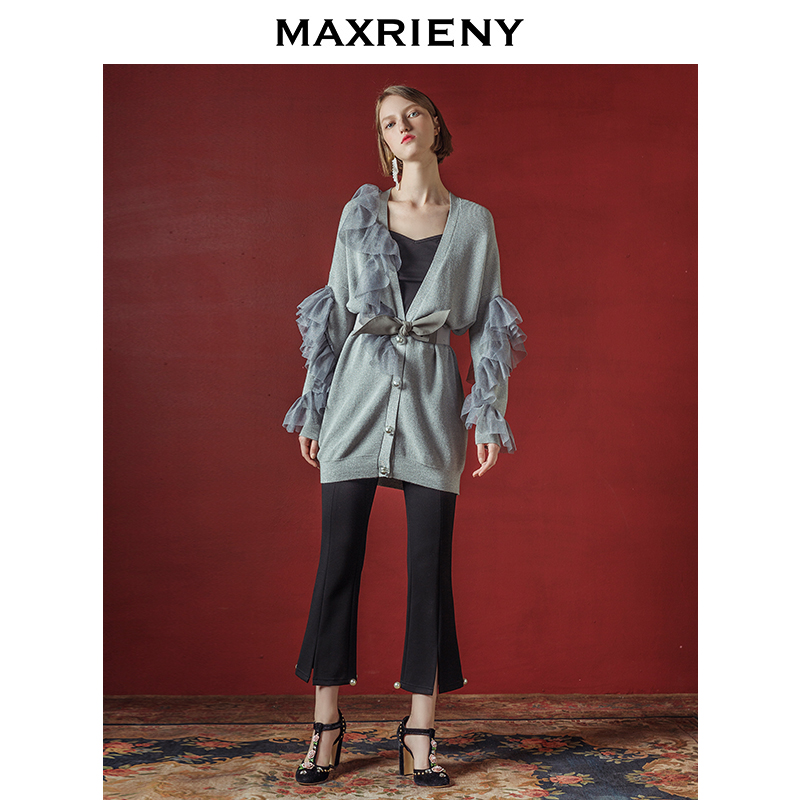 Vintage mới MAXRIENY của lưới dài tay đầu sen-gọng đột xuất dài ngày càng xuân dệt kim nữ cardigan