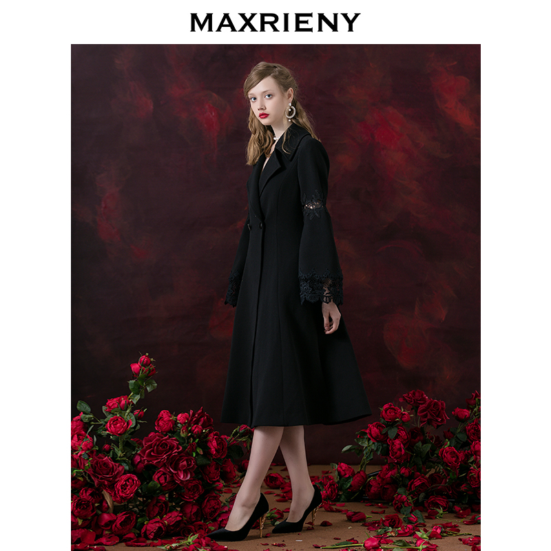 MAXRIENY Winter mới Đen Vintage ren khâu Horn Sleeve Coat Mid-Chiều dài Coat Tide