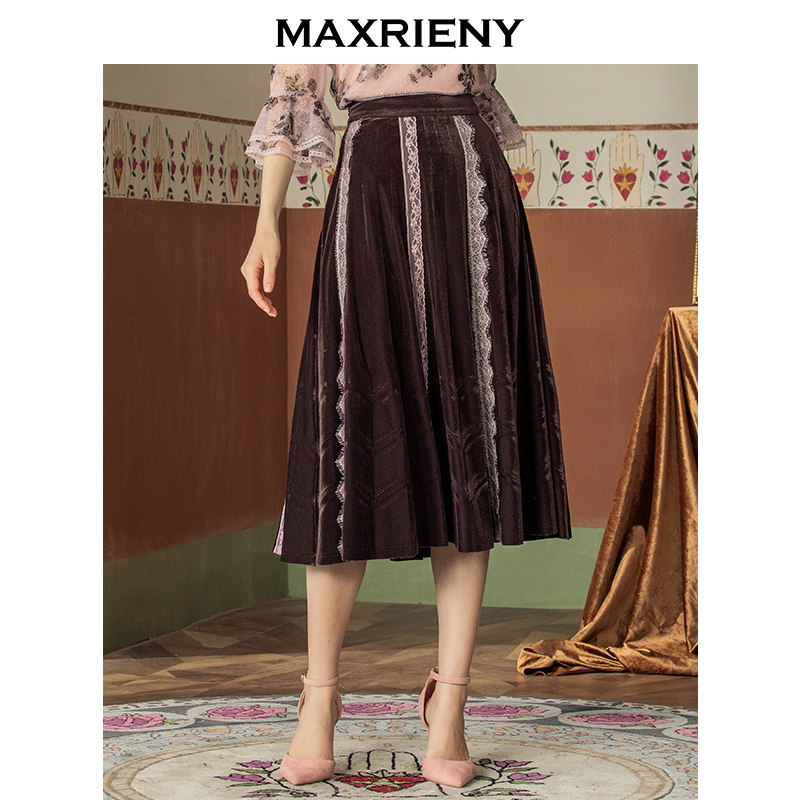 MAXRIENY new fashion vintage Joker high waist pleated skirt lace mesh stitching Medium-length dress women
