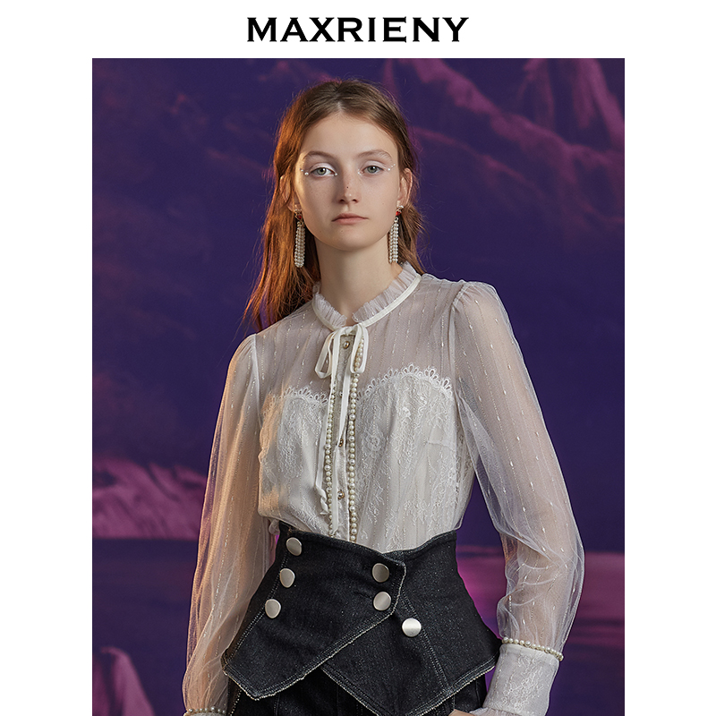 MAXRIENY retro polka dot hollow mesh lace-up long-sleeved lace shirt short western style shirt women's trend