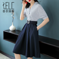 Xiang li li tủ 2018 mới sọc nối phụ nữ ol khí mỏng áo đầm dài đầm dài