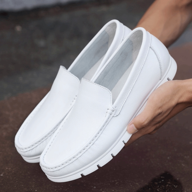 Genuine Leather Doctor Work Shoes for Men, White Nurse Shoes, Leather Shoes, Loafers, Soft-Soled Driving Shoes, Korean Style Slip-On Shoes