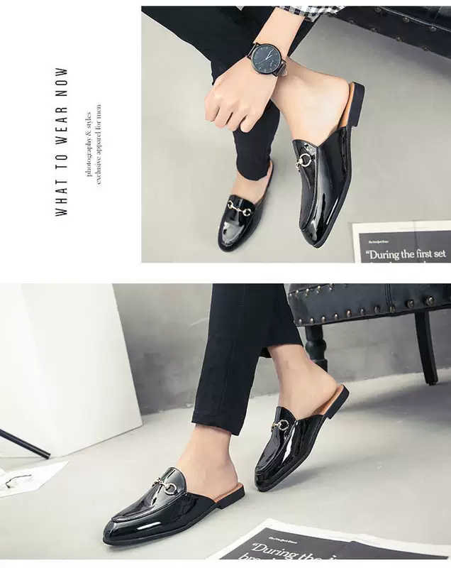 Một nửa dép nam Tide Drag Summer Patent Leather Glossy Giày da nhọn Giày da hoang dã Không có dép xăng đan Giày dép nam