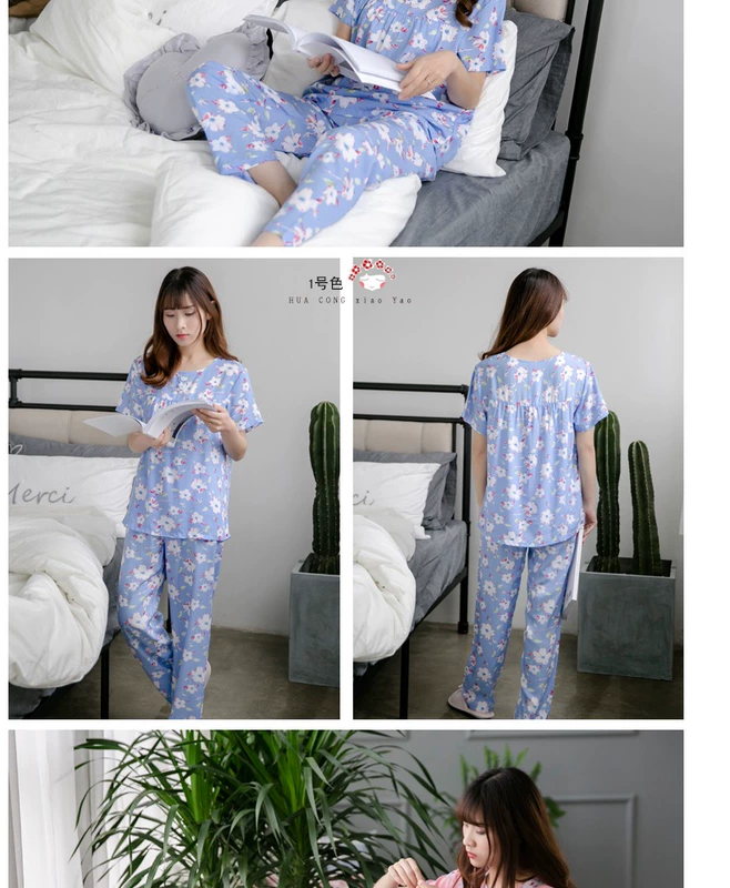 Bộ đồ ngủ nữ bằng vải lụa mùa hè dành cho nữ Bộ đồ lót cotton tay áo cổ tròn tay áo ngắn Quần cotton nhân tạo Ice Silk Thin Home Service - Bộ Pajama