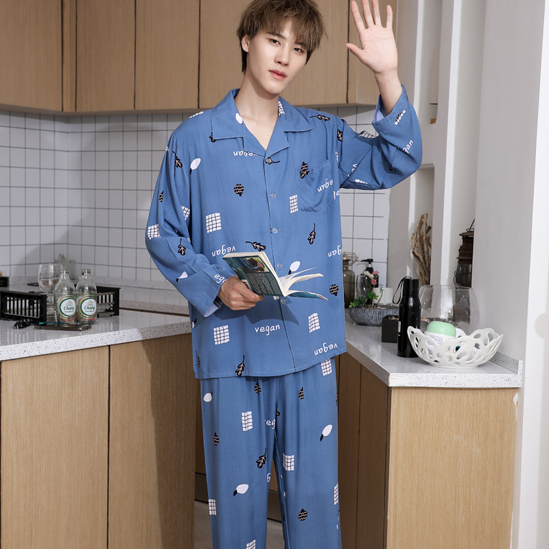 Middle-aged and elderly men's summer air conditioner cotton silk man-made cotton lapel long-sleeved trousers pajamas cotton silk spring and autumn home service suit