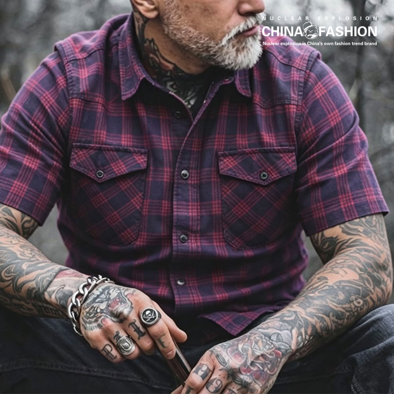 Nuclear Explosion Classic American Style Loose Fit West Coast Trucker Washed Short Sleeve Shirt Men's Plaid Shirt