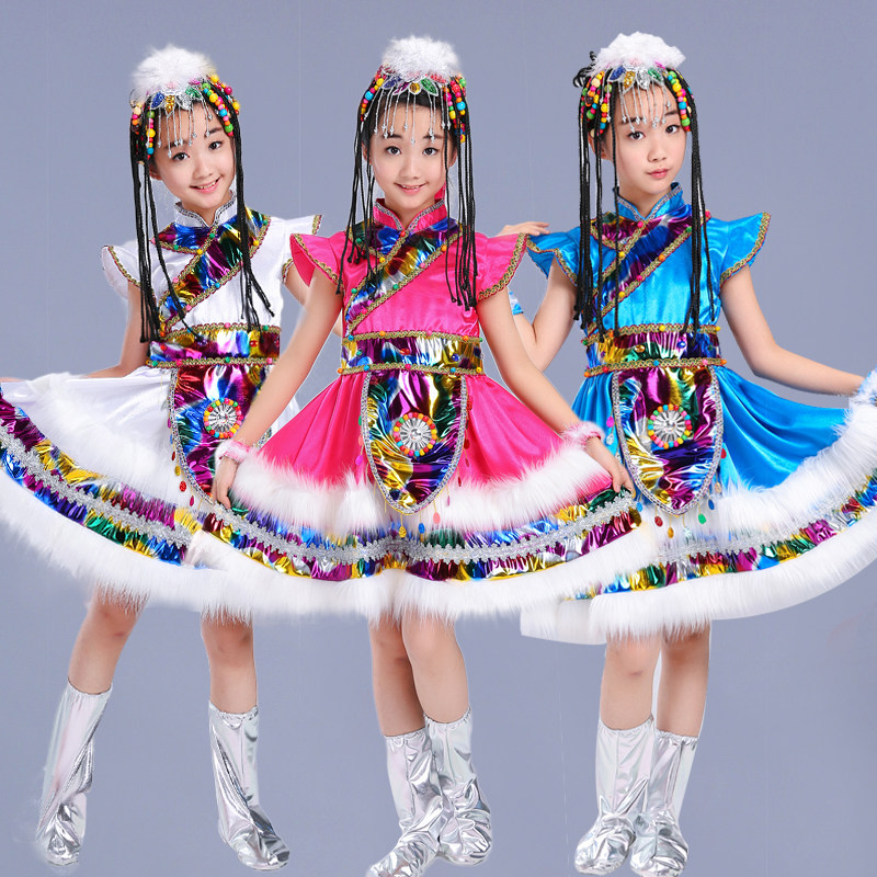New children's Tibetan costumes girls short-sleeved children's Xinjiang dance costumes minority costumes girls