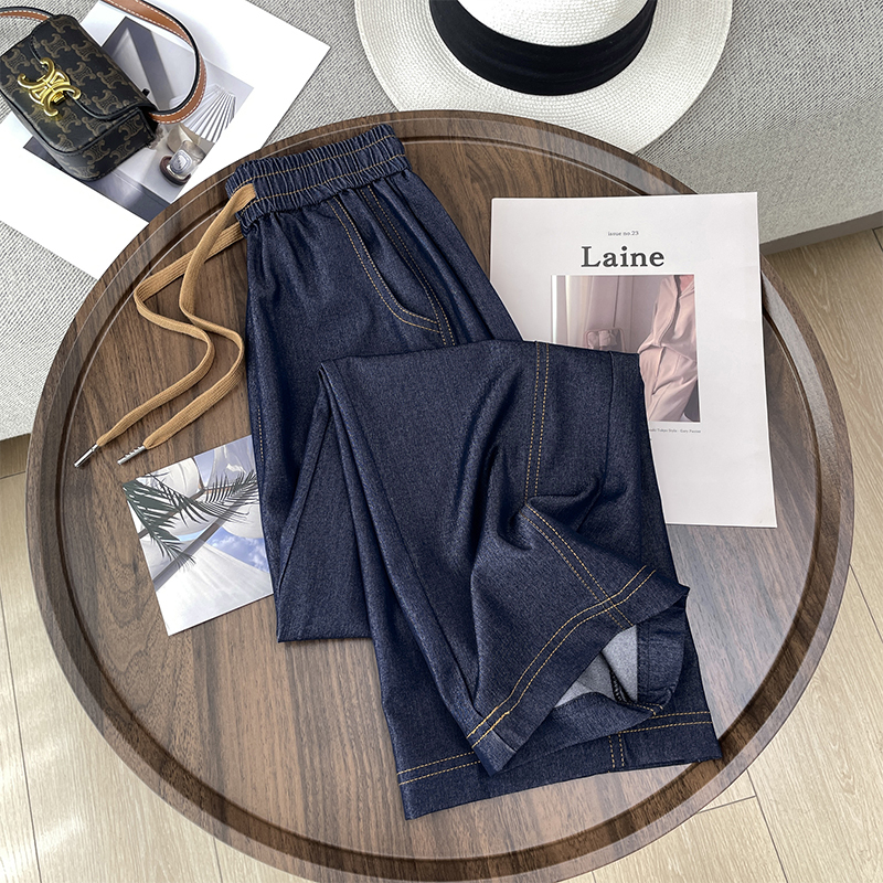 170cm Tall Women's Tencel Denim Wide-Leg Pants, Plus Size, Summer Thin Ice Silk, Loose Fit, Slimming, Cropped, Drapey Straight-Leg Pants